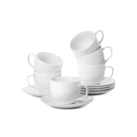 Sada 6 porcelánových šálků na espresso 80cc s podšálky - plastický květinový dekor
