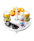 Tavolino tondo bianco per ombrellone Ø30cm con portabicchieri integrati, bibite e accessori da spiaggia per relax estivo