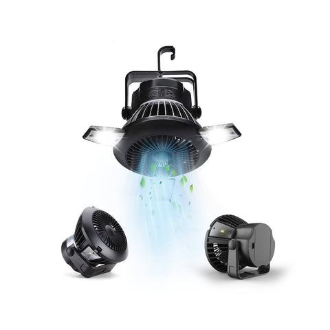 Přenosný ventilátor se solárním panelem, 4 LED diodami, háčkem a 4 rychlostmi