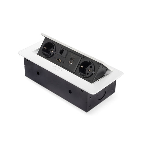 Vestavná stolní zásuvková lišta EU se 2 zásuvkami Schuko, USB A+C, RJ45 a HDMI, bílá