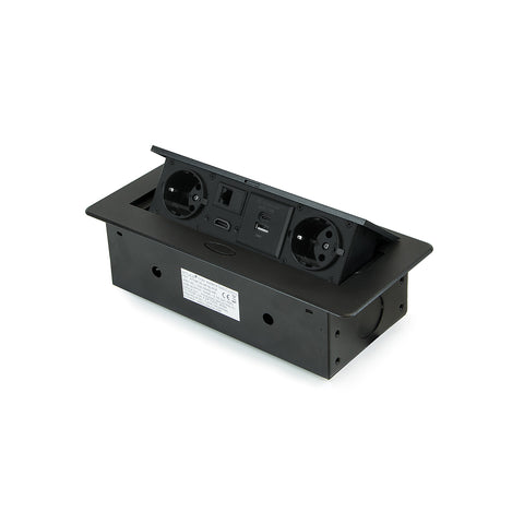 Vestavná stolní zásuvková lišta EU se 2 zásuvkami Schuko, USB A+C, RJ45 a HDMI, černá
